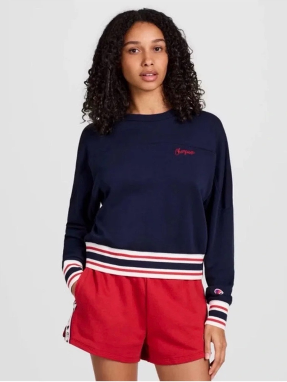 Champion Navy Cropped Crewneck Sweatshirt with Red & White Stripe Trim
